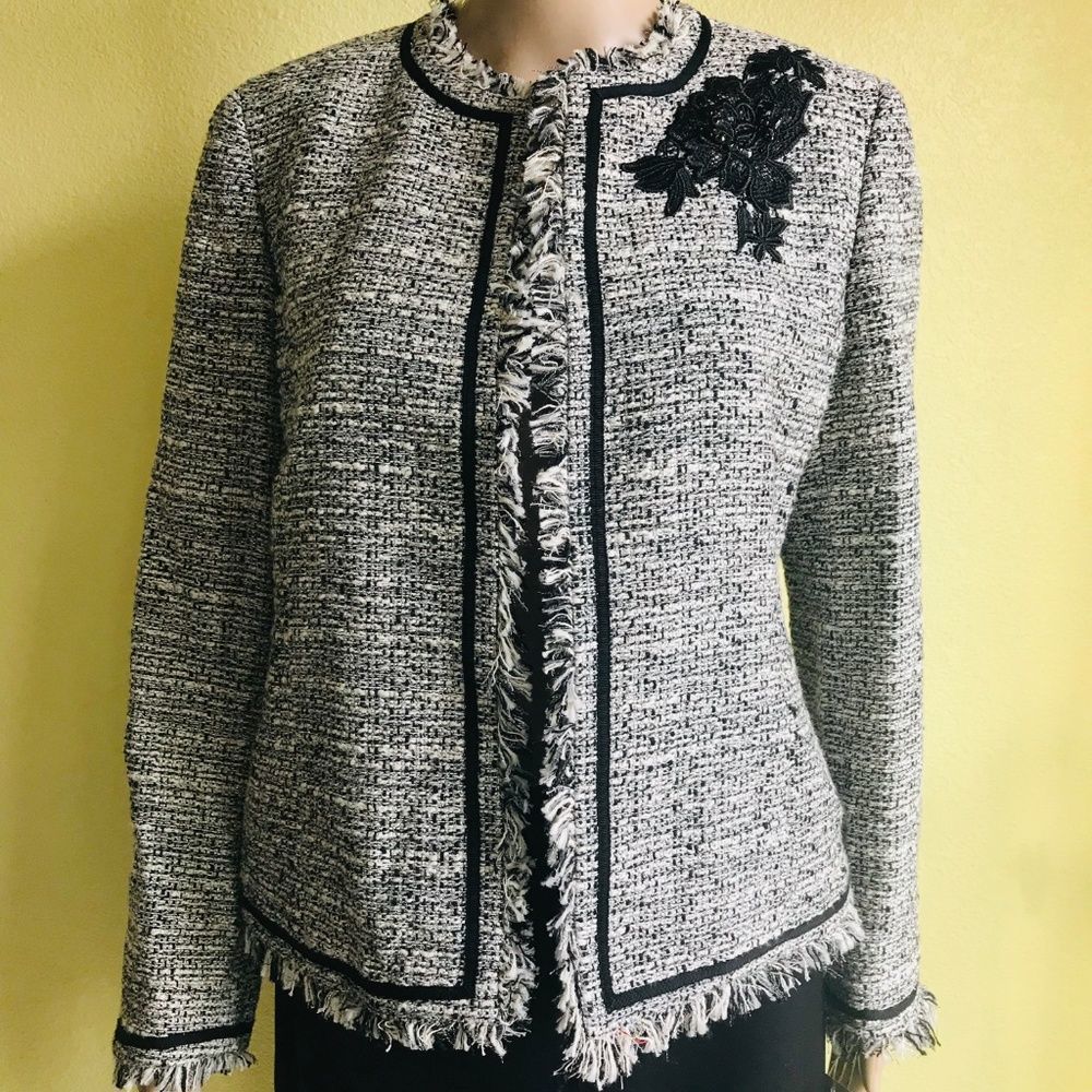 Kasper Jewel Neck Embroidered Fringe Tweed Jacket